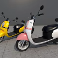 Two Stylish Yellow And Pink White Scooters Parked On Gray Pavement