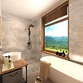 Hotel Room Interior With Bathtub Mountain View Windows And Wooden Decor Plants