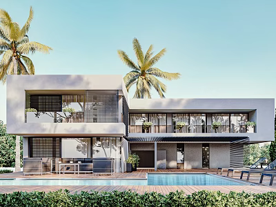 Modern Detached Villa With Palm Trees Swimming Pool Terrace And Outdoor Living Space 3d model