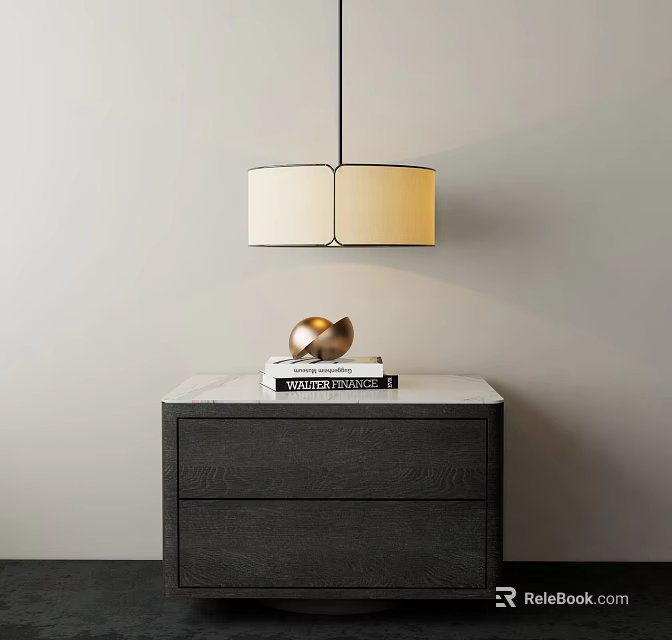 Modern Pendant Chandelier Hanging Above Dark Wood Cabinet With Marble Top And Decorative Sphere 3d model 