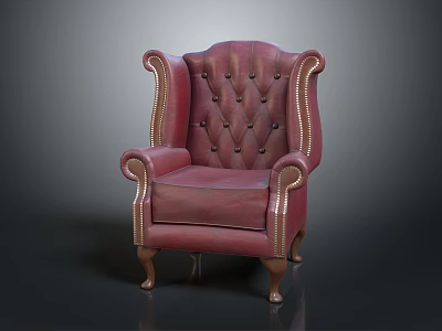 Classic Red Leather Wingback Chair With Tufted Buttons And Wooden Legs 3d model