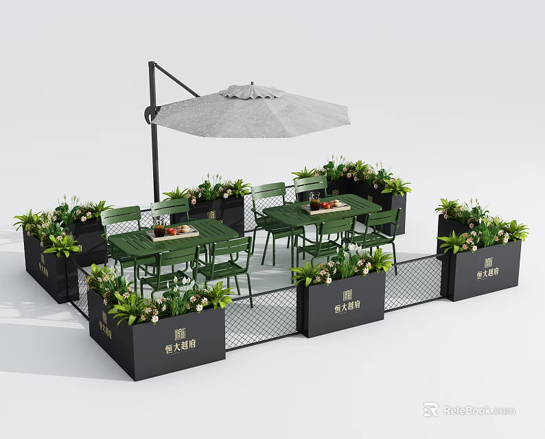 Outdoor Table With Green Chairs Gray Umbrella And Flower Planters In Garden Setting 3d model 