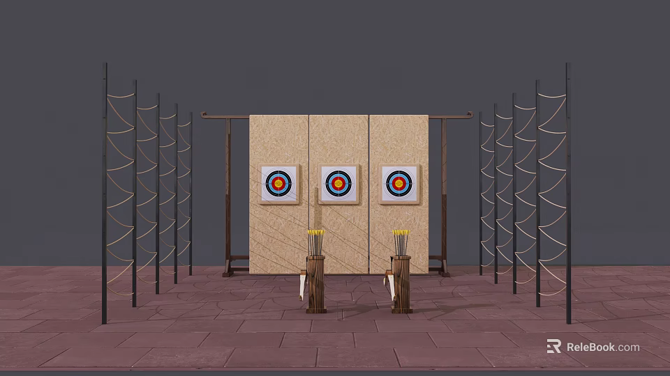 Outdoor Archery Sports Equipment With Three Circular Targets Arrows And Training Stands 3d model 