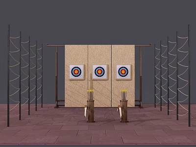 Outdoor Archery Sports Equipment With Three Circular Targets Arrows And Training Stands 3d model