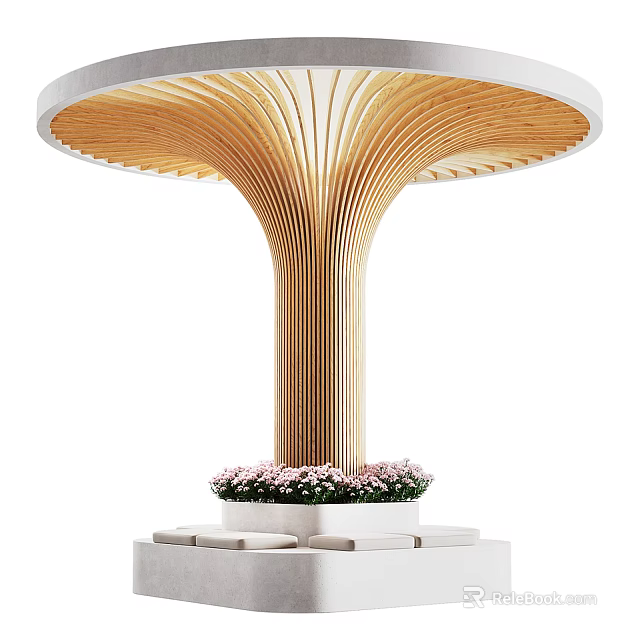 Wooden Column With Curved Slats And Circular Canopy Top With Pink Flowers 3d model 