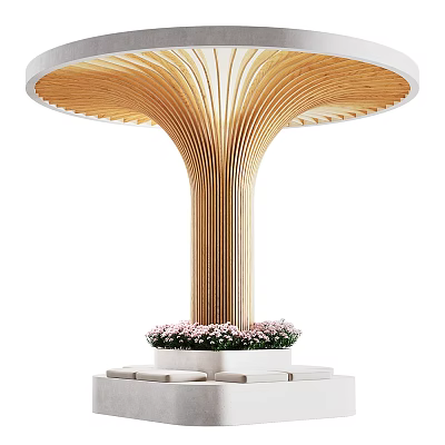 Wooden Column With Curved Slats And Circular Canopy Top With Pink Flowers 3d model