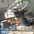 Modern Sofa And Coffee Table Set With Area Rug Decorative Art And Potted Plant