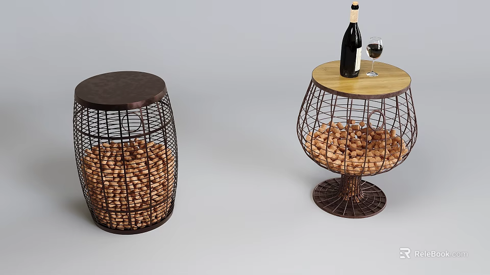Modern Wireframe Side Tables With Round Top Wine Bottle Glass And Nuts Inside 3d model