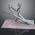 Dry Tree Branches With Fallen Leaves On Ground And Small Green Plants 3d model