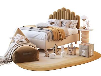 Soft Beige Children's Bed With Tufted Headboard Fluffy Blanket And Decorative Toys 3d model