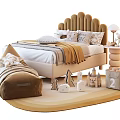 Soft Beige Children's Bed With Tufted Headboard Fluffy Blanket And Decorative Toys
