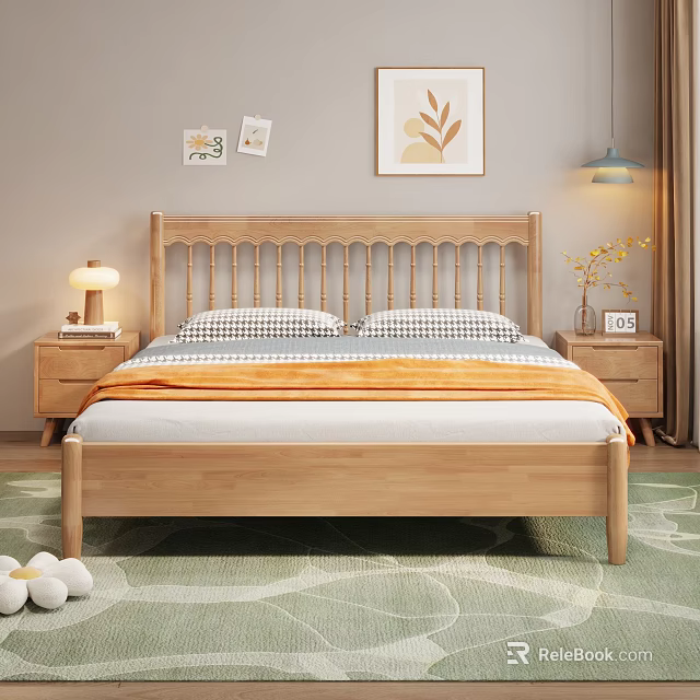 Warm Bedroom Interior With Wooden Bed Checkered Pillows Orange Blanket Wall Art And Green Rug 3d model 