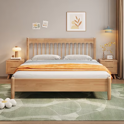 Warm Bedroom Interior With Wooden Bed Checkered Pillows Orange Blanket Wall Art And Green Rug 3d model