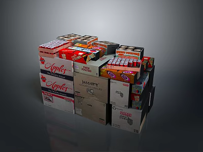 Stacked Assorted Branded Food Packages With Apples Jaffas Kool Labels 3d model