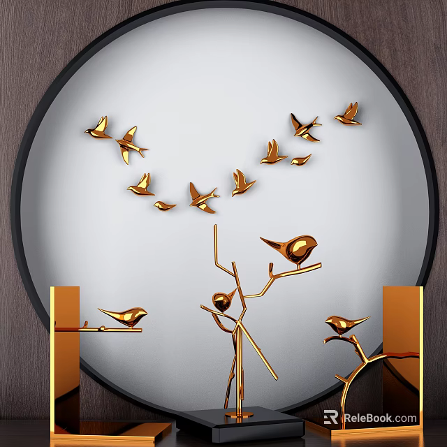 Modern Decorative Ornament Set With Golden Bird Figurines Branch Design And Wall Decor 3d model 