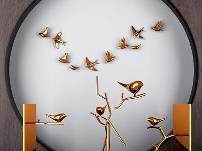 Modern Decorative Ornament Set With Golden Bird Figurines Branch Design And Wall Decor 3d model