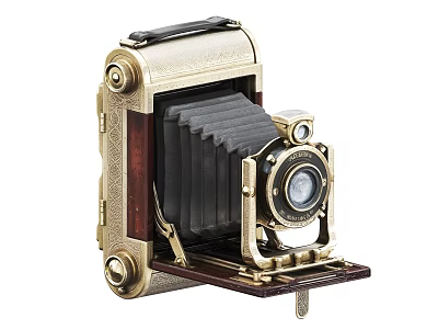 Vintage Folding Camera With Metal Body And Wooden Accents And Classic Lens 3d model
