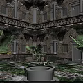 Ancient Architecture Courtyard Featuring Arched Doorways Columns Central Fountain Palm Trees And Lush Shrubs