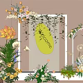 Floral Decoration with Welcome Sign White Frame Green Plants and Colorful Flowers