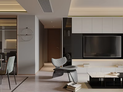 Modern Living And Dining Room Interior Design With TV Wall Sofa Chairs And Coffee Table 3d model