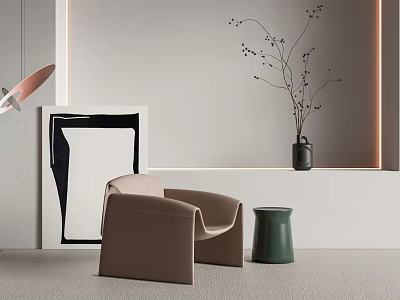 Modern Beige Leisure Chair with Green Side Stool and Artwork in Minimalist Interior 3d model