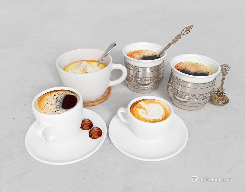 Ceramic And Metal Coffee Cups With Latte Art And Hazelnut Cookies On Gray Countertop 3d model 