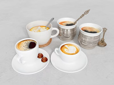 Ceramic And Metal Coffee Cups With Latte Art And Hazelnut Cookies On Gray Countertop 3d model