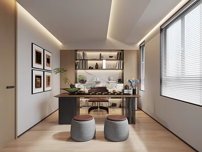 Modern Tea Room Interior Design With Table Stools Shelves And Windows 3d model