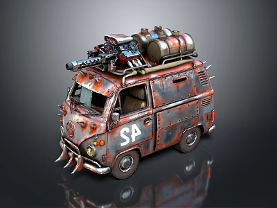 Rusty SA Logo Van With Spikes On Front And Tanks On Roof Weapon Device 3d model