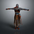 Man In Hooded Outfit With Gray Orange Details Belt Arms Outstretched On Gray Background