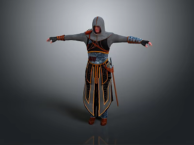 Man In Hooded Outfit With Gray Orange Details Belt Arms Outstretched On Gray Background 3d model