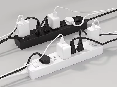 Black and White Switch Panels With Multiple Plugs And Chargers Connected On Surface 3d model