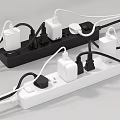 Black and White Switch Panels With Multiple Plugs And Chargers Connected On Surface 3d model