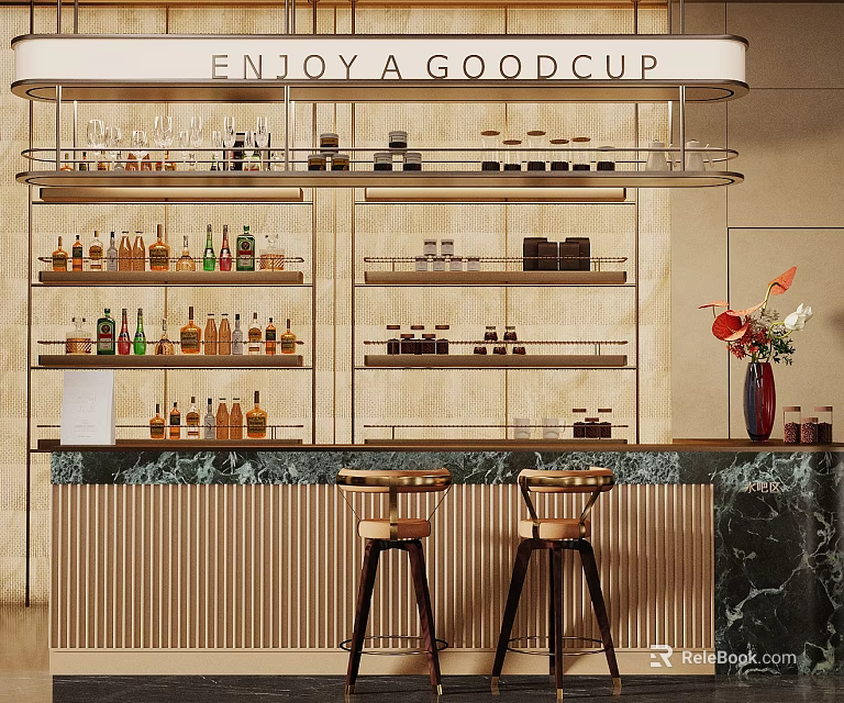 Bar Interior With Enjoy A Good Cup Sign Shelves Glasses And Marble Counter Stools 3d model 