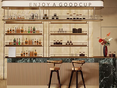 Bar Interior With Enjoy A Good Cup Sign Shelves Glasses And Marble Counter Stools 3d model