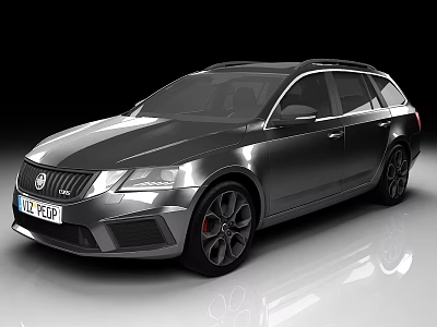 Silver Skoda Wagon Car with Black Alloy Wheels Front Design Parked on Shiny Surface 3d model