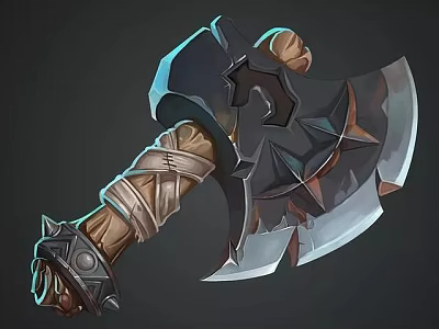 Fantasy Battle Axe with Wooden Handle Metal Blade Decorative Design and Sharp Edge 3d model