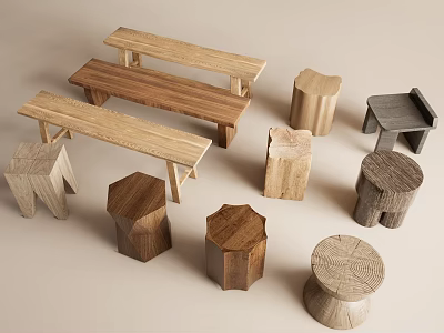 New Chinese Style Wooden Stakes Wooden Stool Round Stool Bench 3d model