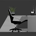L Shaped White Office Desk With Computer Monitor Desk Lamp Potted Plant And Black Chair