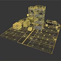 Military Scene With Metal Tower Green Container Yellow Crate Black Vehicle And Gray Platform