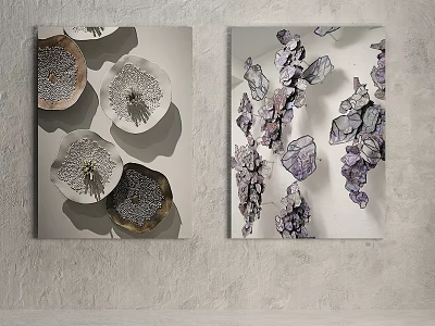 Two Abstract Wall Art Paintings with Circular Textured Disks and Purple Crystal Structures 3d model