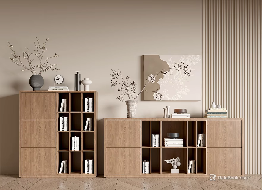 Elegant Modern Entryway Console And Side Cabinet Design With Wooden Books Vase And Decorative Painting 3d model 