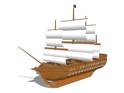 Detailed Sailing Ship Model With Wooden Hull White Sails And Multiple Masts Design 3d model