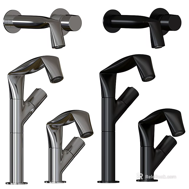 Elegant Modern Faucets With Black Silver Finishes And Curved Designs 3d model 