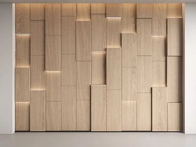 Modern Wooden Accent Wall With Geometric Panel Design And Integrated Lighting Features 3d model