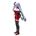 Woman with long hair in red dress and black sleeves red accessories and black stockings