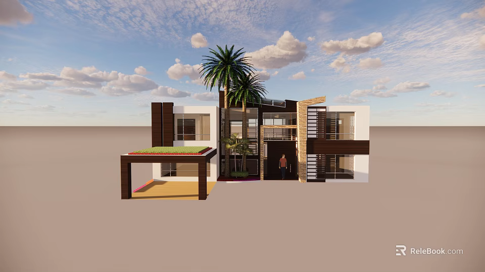 Modern Detached Villa With Brown And White Exterior Palm Trees And Green Roof 3d model 