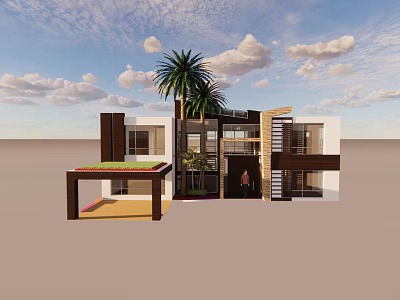 Modern Detached Villa With Brown And White Exterior Palm Trees And Green Roof 3d model