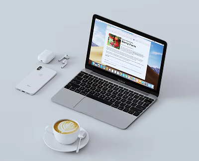 Modern Laptop on Minimalist Workspace with Smartphone Wireless Mouse Earbuds and Open Web Browser Screen 3d model