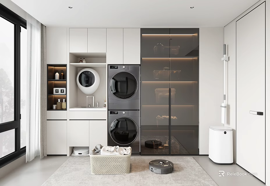 Modern Laundry Room Design With Stacked Washer Dryer Storage Cabinets And Robot Vacuum 3d model 